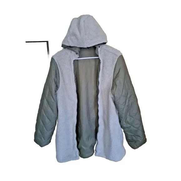 LL Bean Coat L 2-in-1 Hooded Army Green Fleece Removable Liner Drawstring Waist - Picture 7 of 12